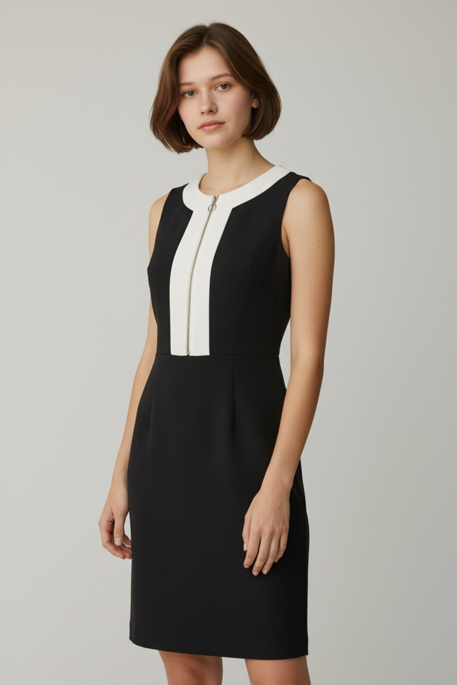 Michael Kors Black and White Colorblock Front-Zip Sleeveless Dress Size M
